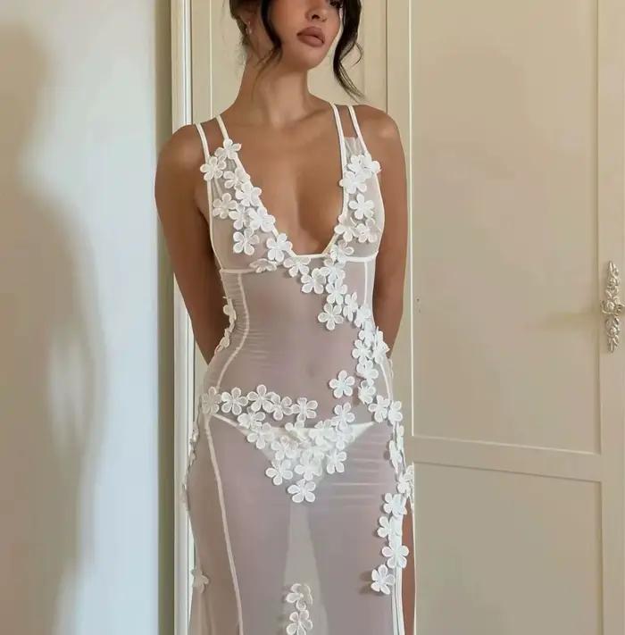 Robe de soirée sexy en maille transparente sans manches pour femme, col en V, fente florale, idéale 