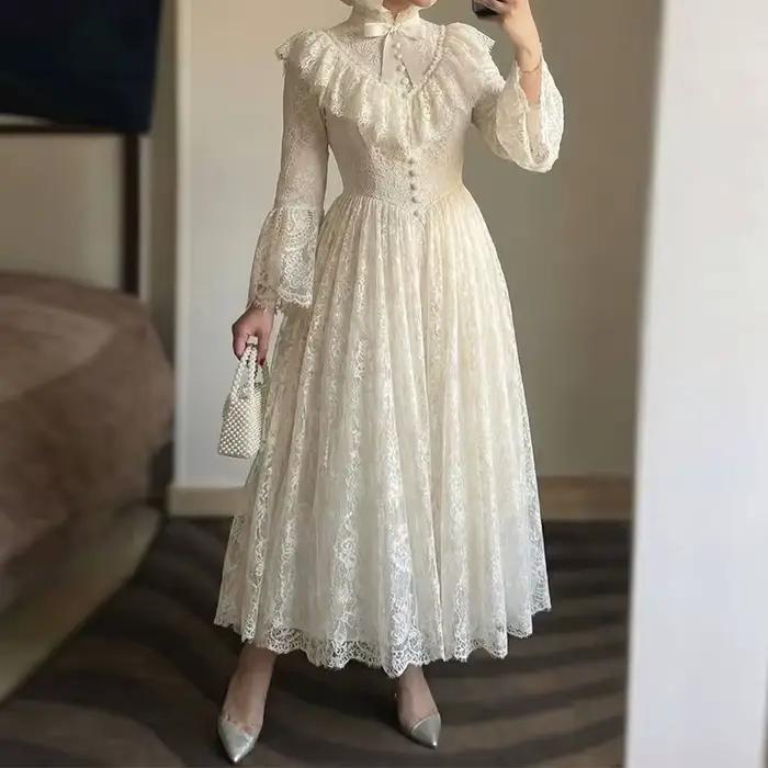 Robe longue en dentelle DEAT pour femme 2026, style vintage, col montant, manches à volants, boutonn
