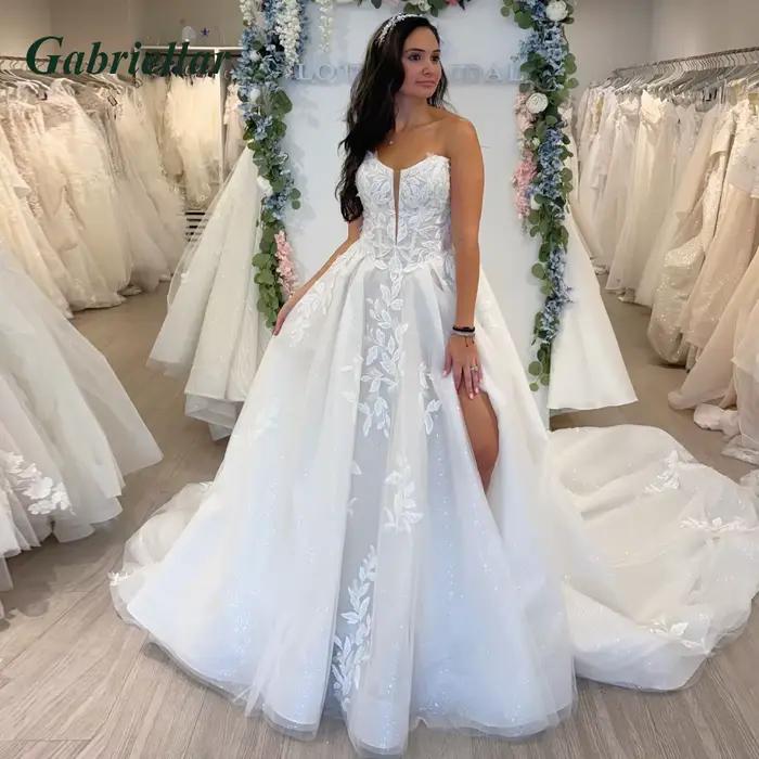 Gabriellar Sexy fente robes De mariée pour les femmes a-ligne Tulle bretelles dentelle Appliques Cou
