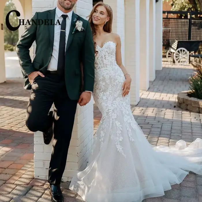 CHANDELA charmante Robe De mariée sans bretelles femme mariée Bling Tulle Appliques fermeture éclair