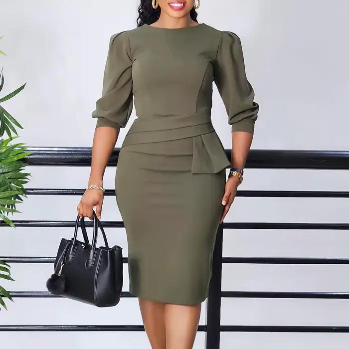 Robes de bureau élégantes pour femmes, col rond, demi-manches, gaine, paquet de hanches, vêtements d