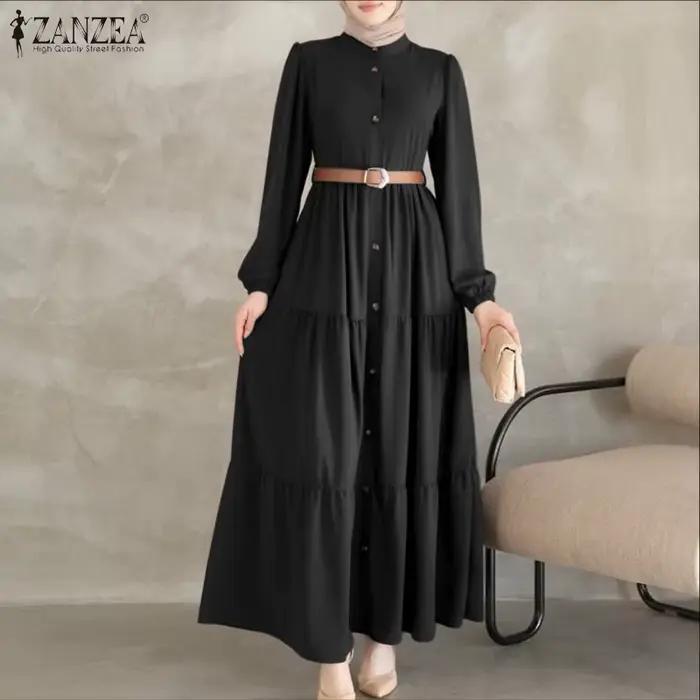 ZANZEA femmes automne robes 2025 mode musulmane Abaya Robe col rond à manches longues Robe plissée R