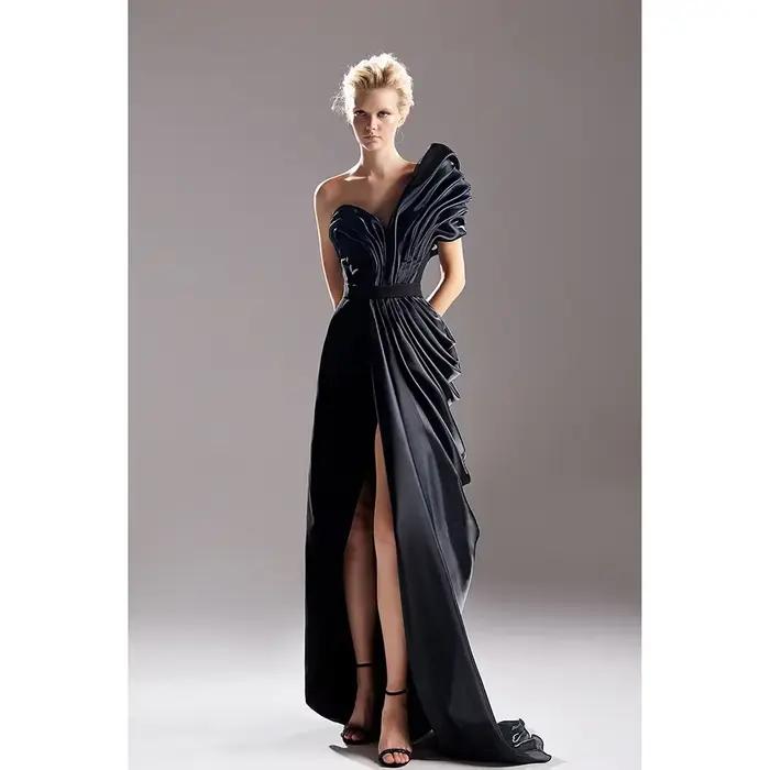 Robe de soirée noire, asymétrique épaule dénudée, ligne A, plissée, fente sur les cuisses, robes de 