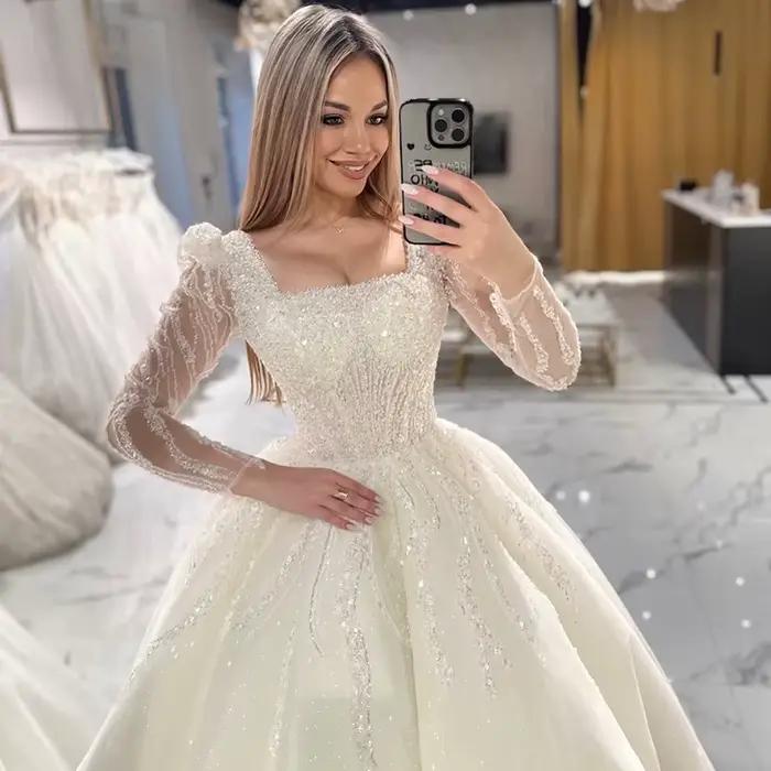 Robe De mariée trapèze De luxe brodée avec perles, robe De bal, manches longues, col carré, boutons 