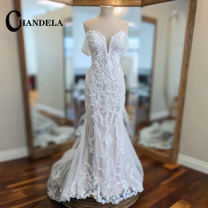 CHANDELA-Robes de mariée trompent personnalisées pour femmes, appliques en dentelle, laçage initié, 