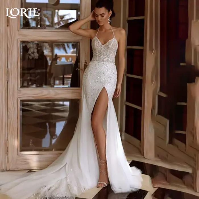 LORIE – robe de mariée de luxe scintillante, bretelles Spaghetti, sirène brillante, fente haute, dos