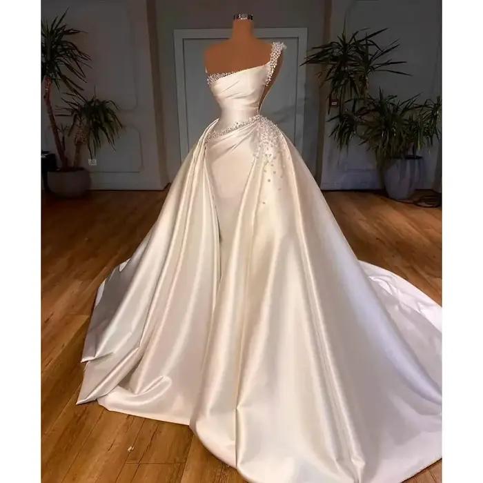 Robes de mariée en perles de satin pour mariée, sirène de luxe, asymétrique épaule dénudée, avec jup
