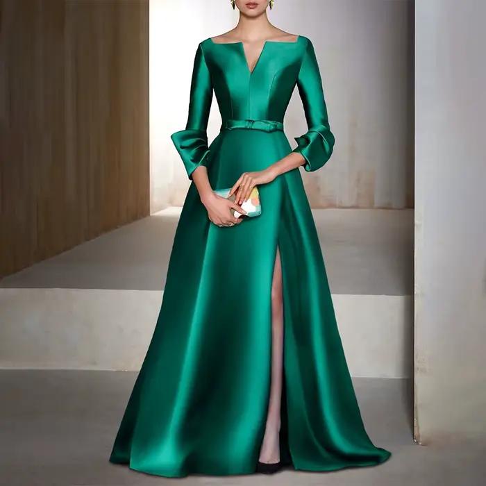 Robes formelles en Satin vert émeraude pour femmes, manches 3/4, ligne A, robes de soirée élégantes,