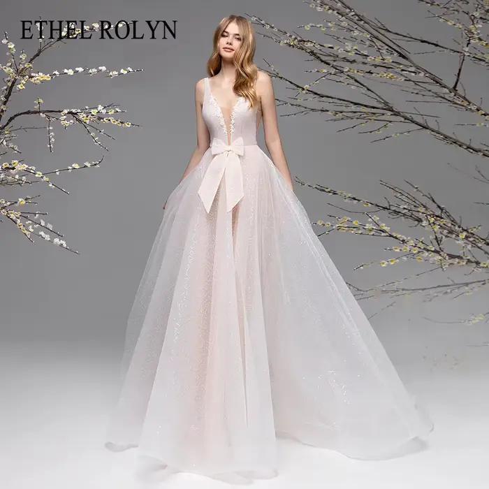 ETHEL ROLYN a-ligne robes De mariée pour femme avec nœud profond col en v Appliques scintillant Tull