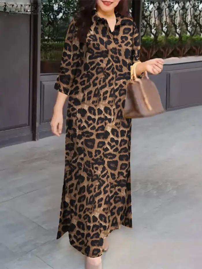 ZANZEA femmes Robes longues imprimé léopard 3/4 manches col Maxi Robes déplacements jour porter côté