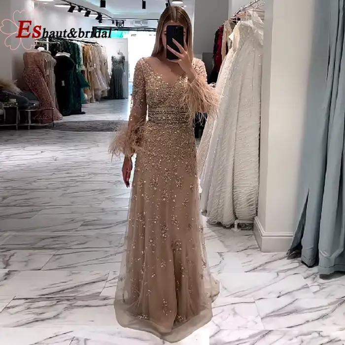 Robe de soirée élégante en plumes de dubaï pour femmes, col rond, manches longues, perles, robes for
