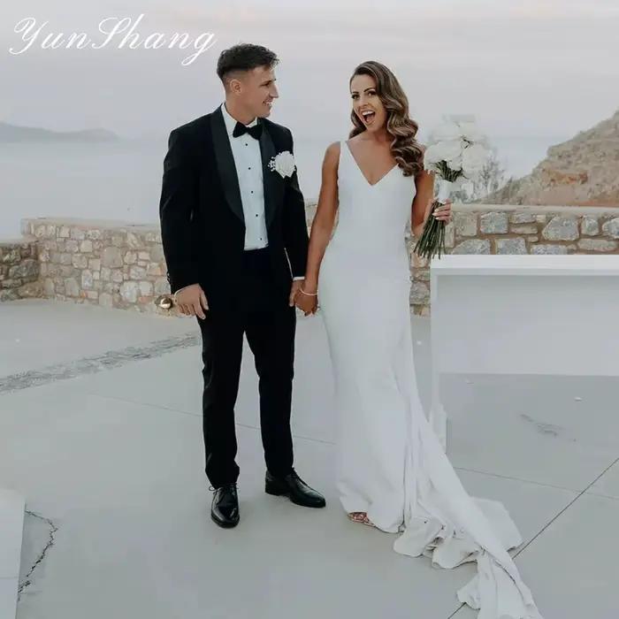 Yunshang-Robe de mariée sirène simple personnalisée, col en V, dos ouvert, bretelles spaghetti, fibr