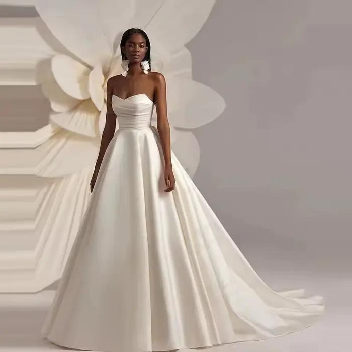 Robes de mariée afrique robe de mariée petit col en V sans manches plissé corps drapé une ligne robe