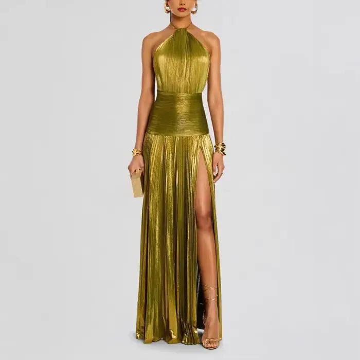 Robe de soirée dorée à col licou pour femme, Chic, couleur unie, plissée, dos nu, fente sur les hanc