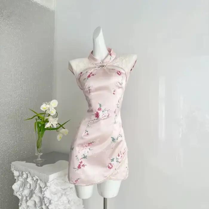 Robes élégantes à imprimé floral et patchwork de dentelle, col mandarin, taille haute, coupe ajustée
