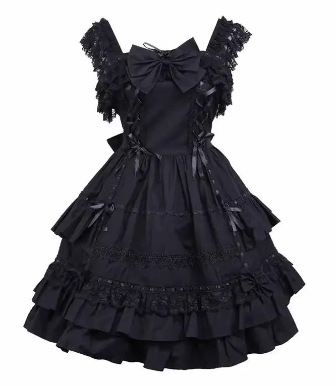 Ainclu – robe trapèze classique mi-longue noire, en coton, sans manches, avec dentelle, nœud, ruban,