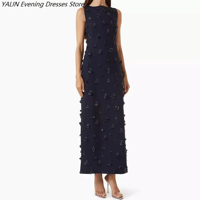 Robes de soirée droites pour femmes, longueur mi-mollet, col rond, sans manches, robes de bal simple
