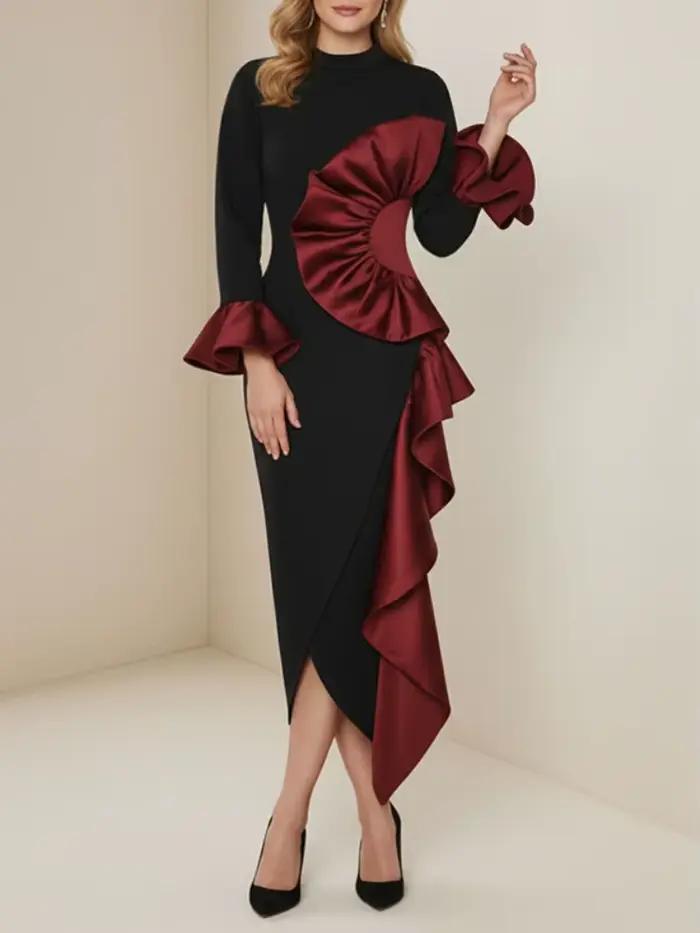 Freeacy – robe mi-longue noire et rouge à volants pour femmes, col haut, manches longues, taille hau