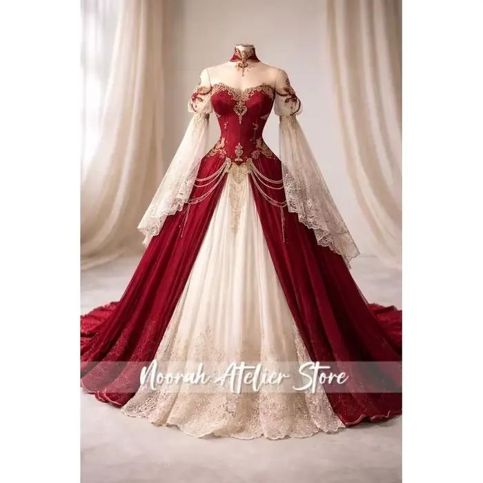 Robe de mariée vintage bordeaux style victorien avec appliques dorées, corset en dentelle, robe de s