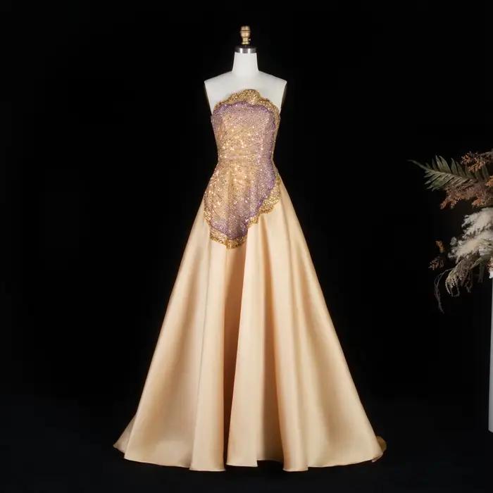 Robe de soirée trapèze sans bretelles Sharon Said Dubai Luxury Gold avec gants perlés شارون سعيد Rob