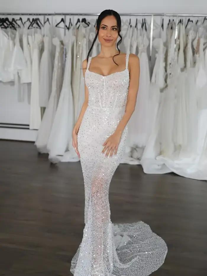 Robe de Mariée Sirène Légère et Brillante avec Dos auxpour Patients, Tenue de Soirée Formelle Person