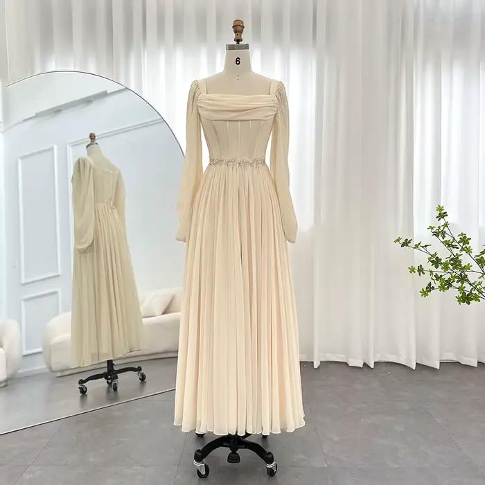 Sharon Said dubaï Beige robe de soirée courte avec ceinture manches longues thé longueur femmes robe