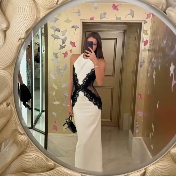 Élégant blanc robe longue femmes licou dos nu décontracté noir dentelle Patchwork fente Maxi robes s