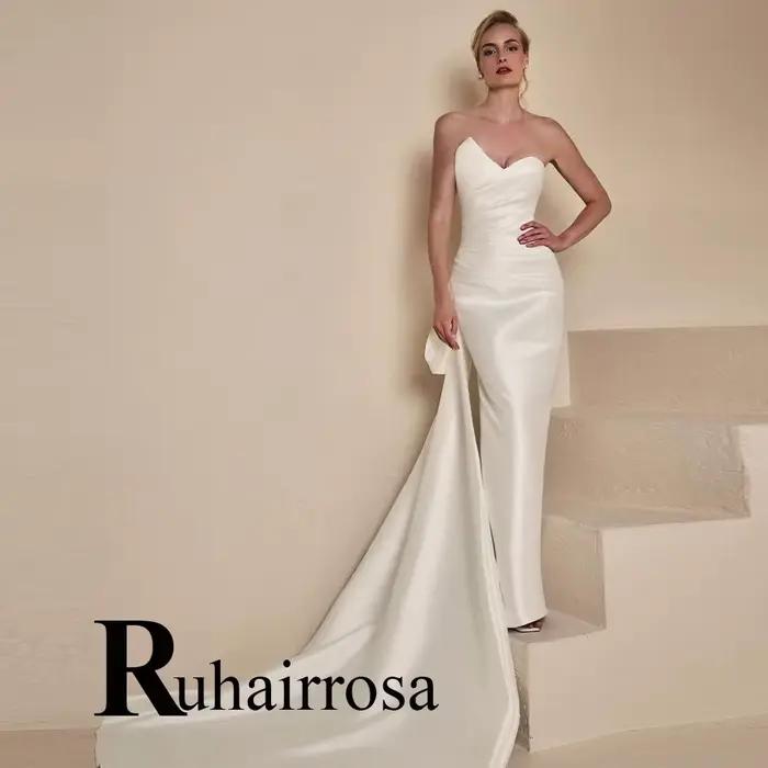 Ruhair robes De mariée élégantes pour Mariages plissé sans manches gaine dos nu Satin chérie Robe De