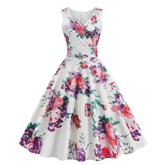 Robe d'été élégante pour femme, style Hepburn, imprimé rétro, sans manches, col en V, motif floral, 