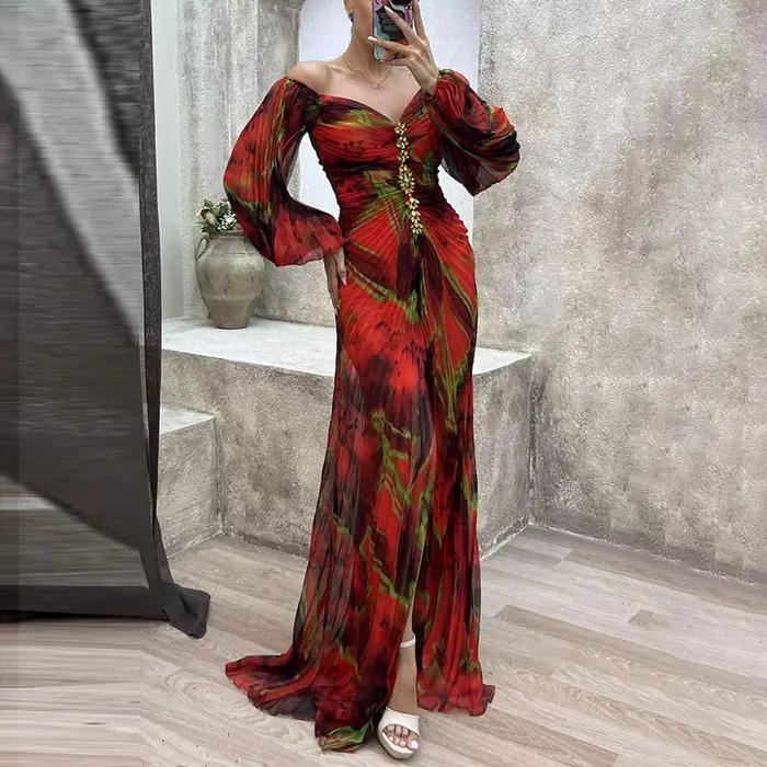 Robes de Cocktail pour femmes à volants plissés à manches longues robes Maxi fête ample élégante rob