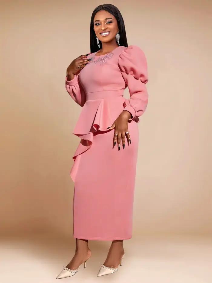 Robe longue rose pour femme, manches longues, taille haute, volants, péplum GT, hanche, banquets de 