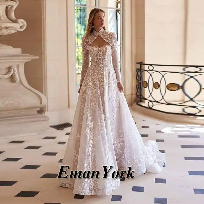 EmanY robes De mariée délicates pour femmes avec Appliques a-ligne sans manches à lacets plissé Robe