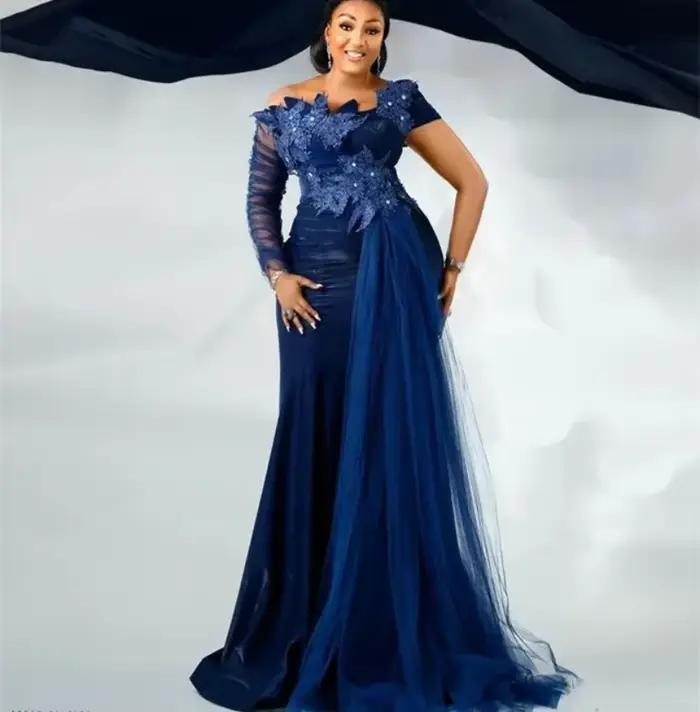 Aso Ebi arabe bleu marine sirène robes de soirée cristaux dentelle formelle fête anniversaire célébr
