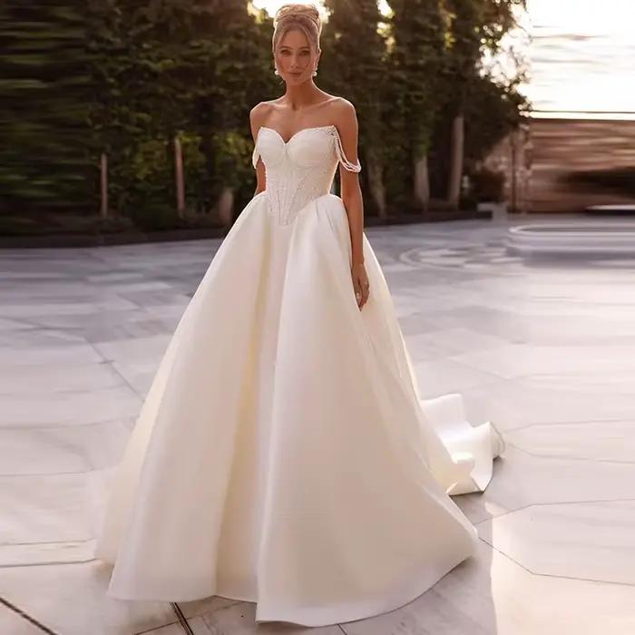 Robe De mariée exquise en Satin complet avec perles, sans manches, sans bretelles, personnalisée, à 