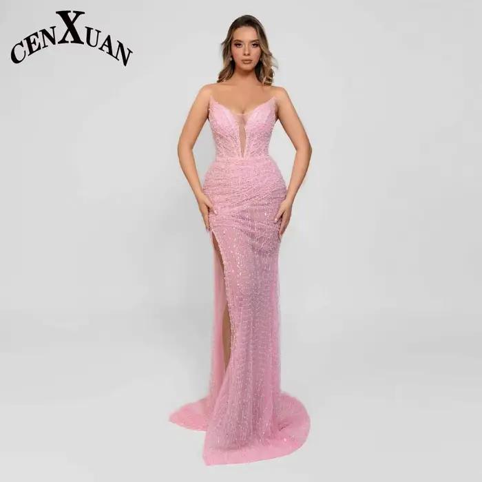 CENXUAN moderne encolure dégagée Robes De soirée 2025 femme avec perles sans manches haute fente sir