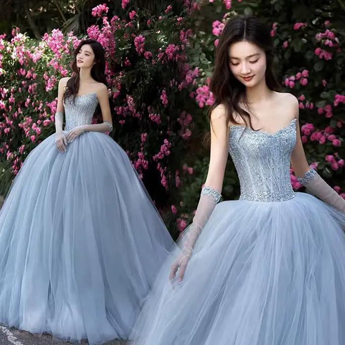 Robe de mariée sans bretelles, robe de soirée élégante, ciel étoilé, robe de grillage, robe d'hôte d