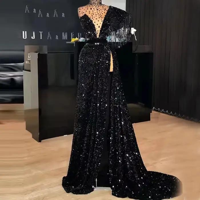 Robe de Soirée Longue à Paillettes Noires, Asymétrique, Épaule Dénudée, Perles, Fente Haute, Dubaï, 