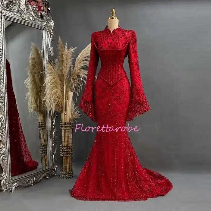 Robe de soirée rouge du Moyen-Orient, robe de bal musulmane à manches longues, robes de mariée perlé