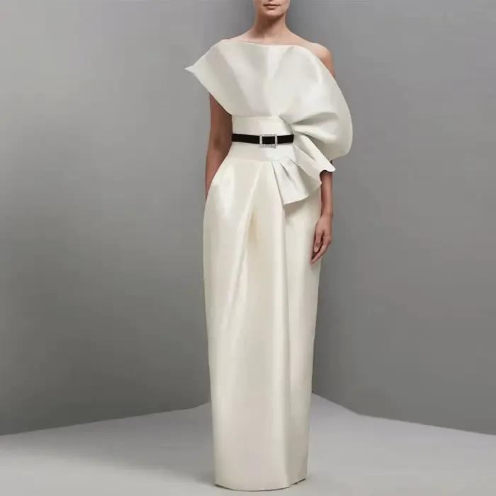 Robe de soirée sans bretelles en satin ivoire, robe de soirée élégante, ceinture à volants, occasion