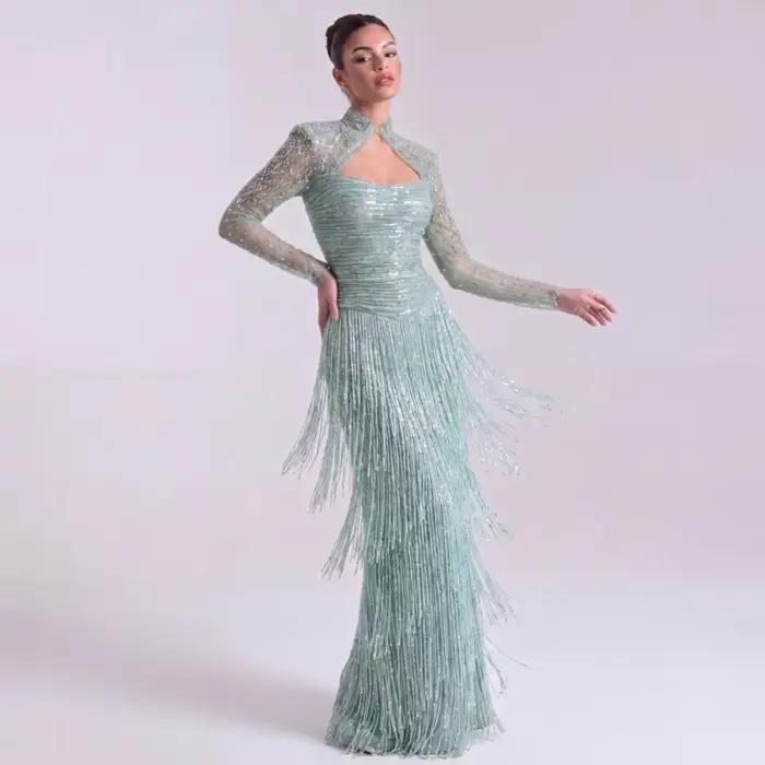 Robe de soirée sirène exquise, de luxe, à manches longues, ornée de perles et de paillettes, avec fr