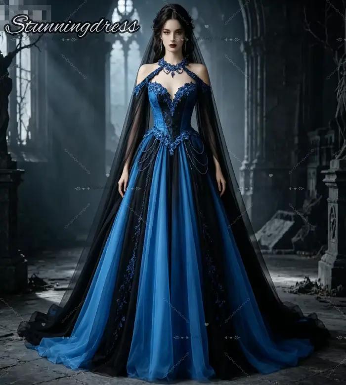 Robe de mariée gothique bleu-noir romantique sombre avec manches cape, robe de bal en tulle ombré, m