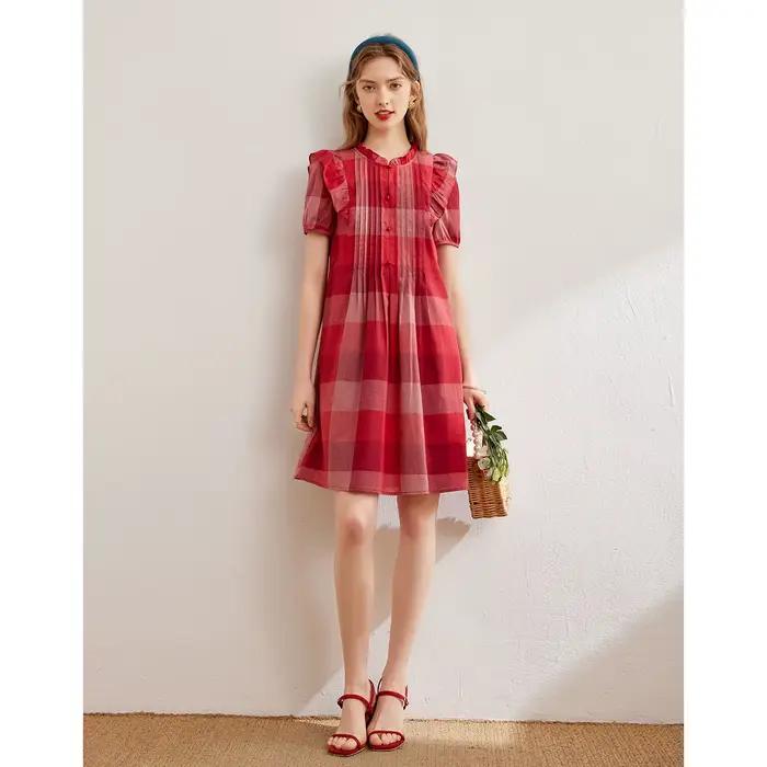Modiis Yao-Robe à carreaux en coton pour femme, style rétro, col rond, manches courtes, mode douce, 