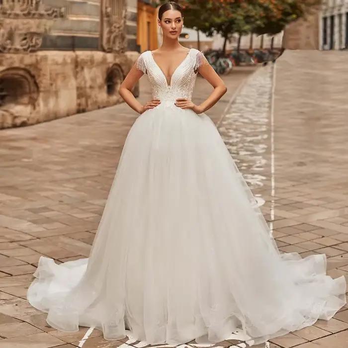 Robe De mariée à paillettes en Organza avec broderie, robe De bal, ligne a, sans manches, col en v, 