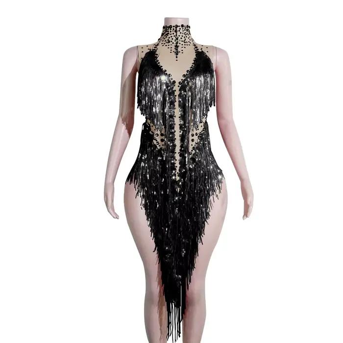 Nouvelle Robe de Soirée Scintillante à Paillettes Dorées et Franges, Tenue de Danse Latine pour Grou