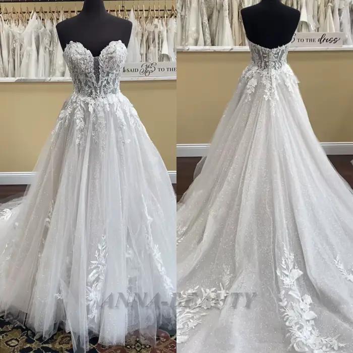Anna attrayant chérie robe De mariée plissée a-ligne sans manches balayage Train dentelle Appliques 