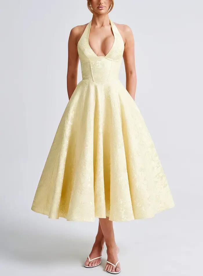 Robe mi-longue pour femme en tissu jacquard, couleur foncée, avec col halter et taille cintrée, gran