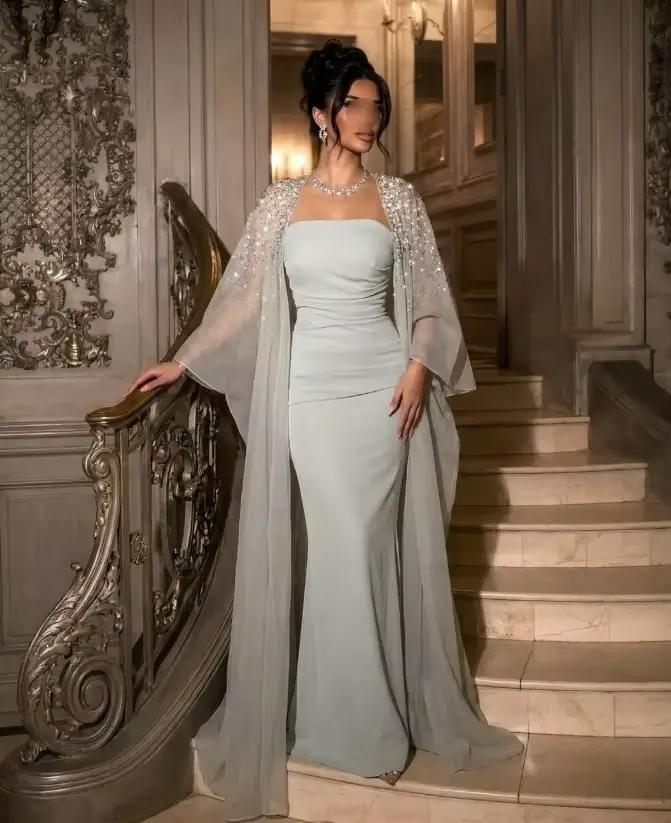 Robe de soirée formelle élégante vert menthe avec châle, robe de luxe arabe de Dubaï, robe de bal pe