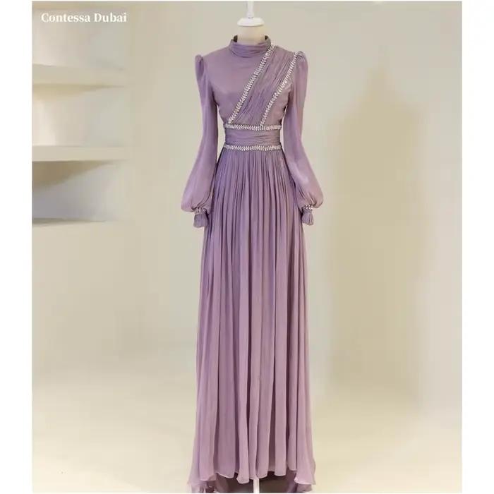 Contessa Dubai Paillettes Col Haut Colonne Robes De Bal À Manches Longues Personnalisé فГрэйws Robe 