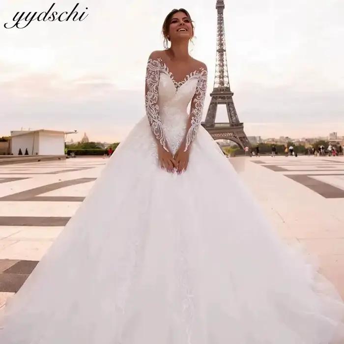 Robes de mariée élégantes 2026, robes de mariée illusion coupe A pour femmes, col rond, manches long