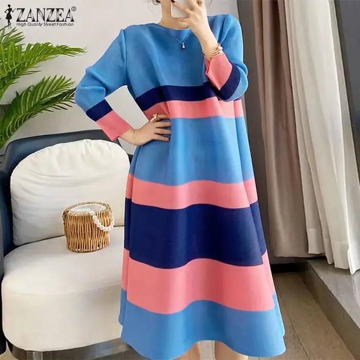 ZANZEA-Robe mi-longue rayée à col rond pour femmes, robe vintage, manches 3/4, robe ample décontract